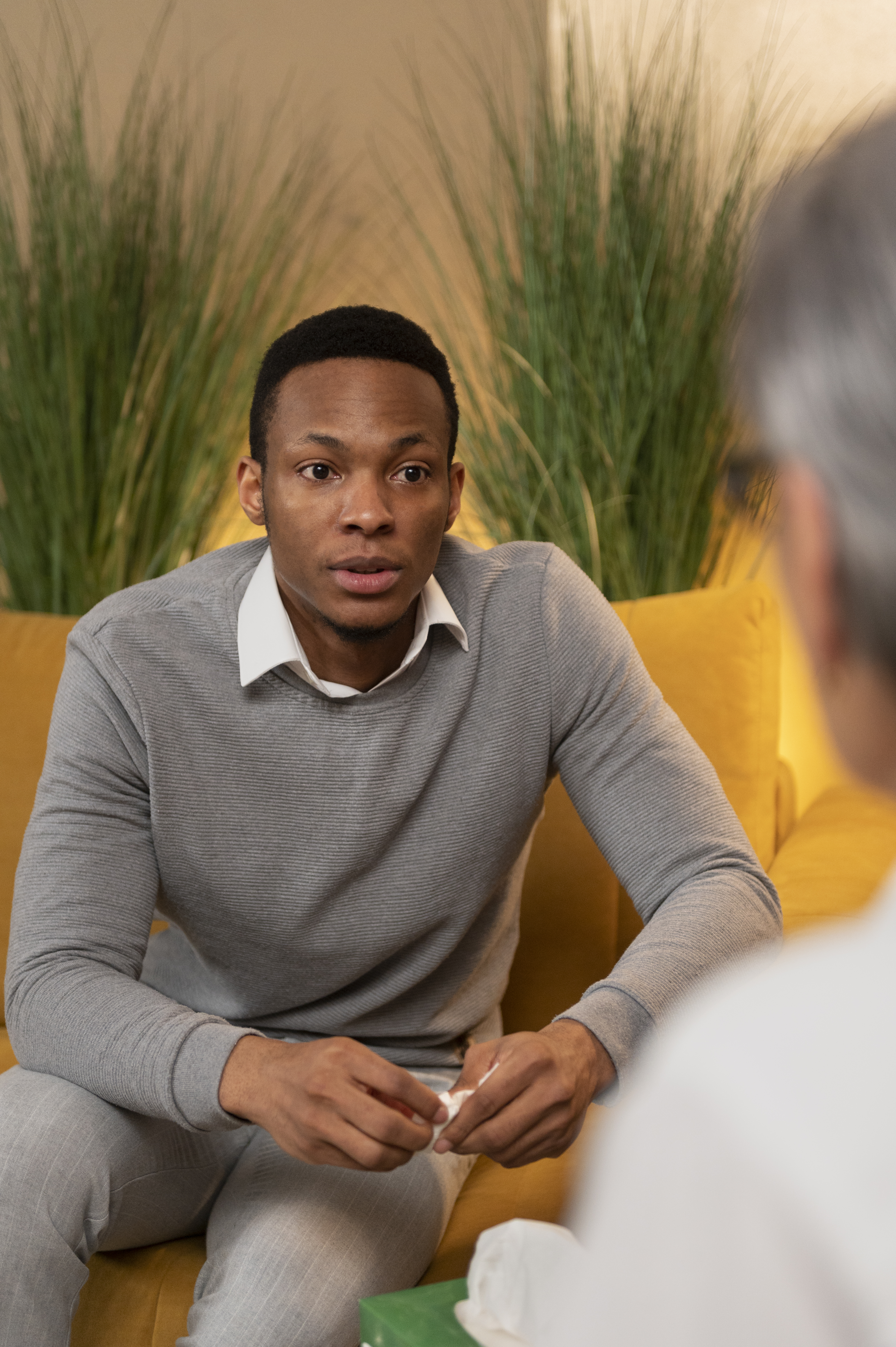 A person speaking openly during a counseling session